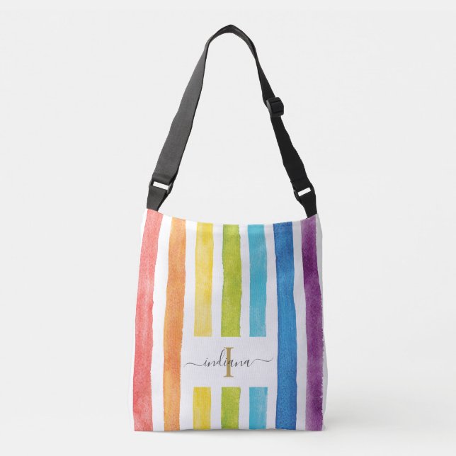 Watercolor Rainbow Monogram Name Script Daughter Crossbody Bag (Front)