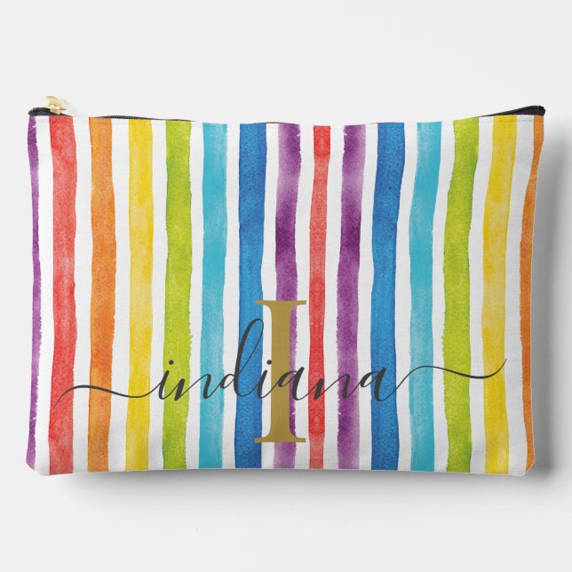 Watercolor Rainbow Monogram Stripes Personalised Accessory Pouch (Front)