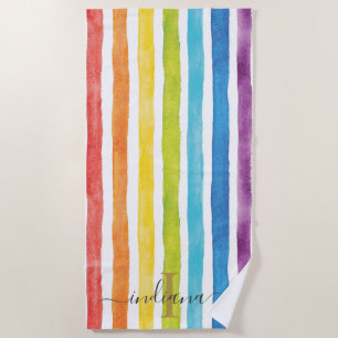 Watercolor Rainbow Monogram Stripes Personalised Beach Towel