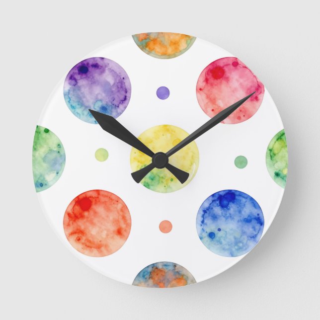 Watercolor Rainbow Orb Polka Dot Pattern Round Clock (Front)
