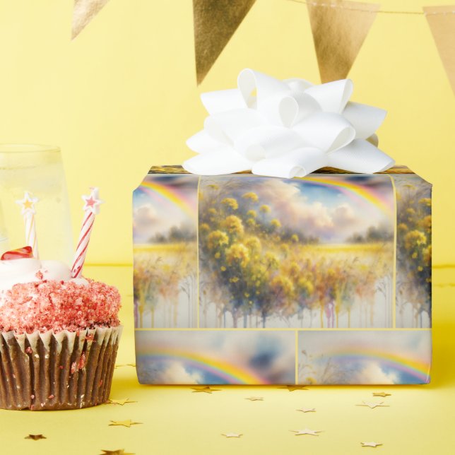 Watercolor Rainbow Over Wildflower Field Wrapping Paper (Birthday Party)