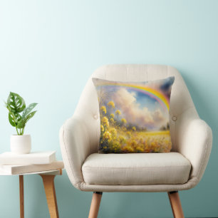 Watercolor Rainbow Over Wildflower Meadow Cushion