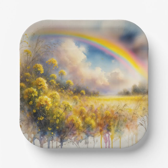 Watercolor Rainbow Over Wildflower Meadow Paper Plate (Front)