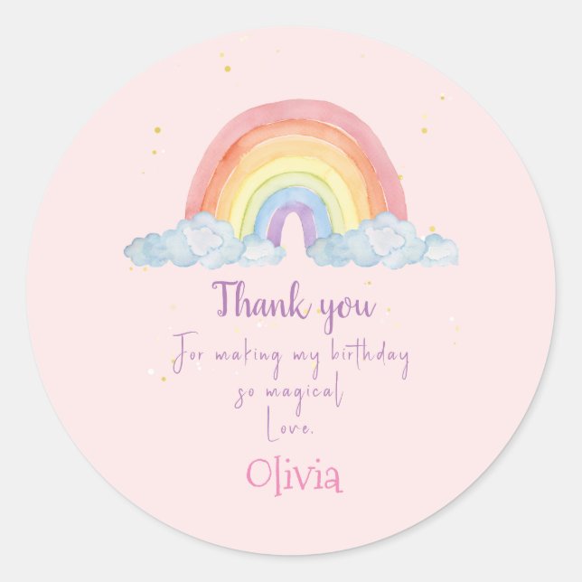 Watercolor Rainbow Party Thank you Classic Round Sticker (Front)