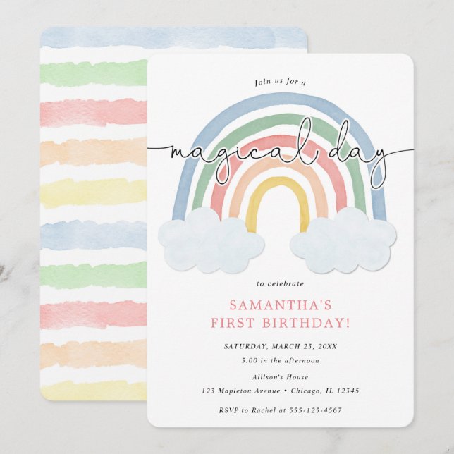 Watercolor rainbow pastel girl 1st birthday party invitation (Front/Back)