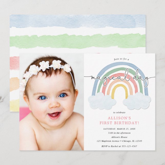 Watercolor rainbow pastel girl 1st birthday photo invitation (Front/Back)