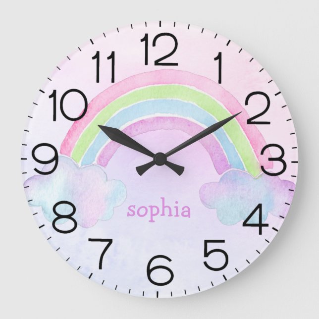 Watercolor Rainbow Pastel Personalized Name Girl Large Clock (Front)