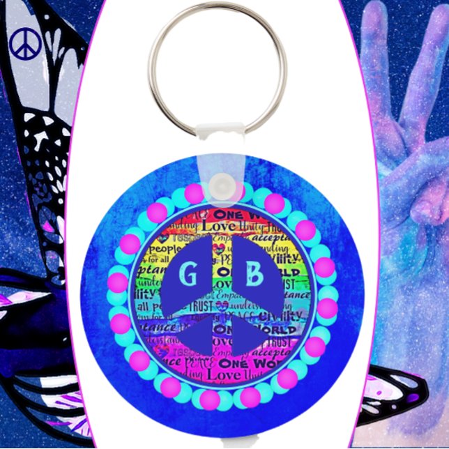 Watercolor Rainbow Peace Sign Against Vibrant Blue Key Ring (Creator Uploaded)
