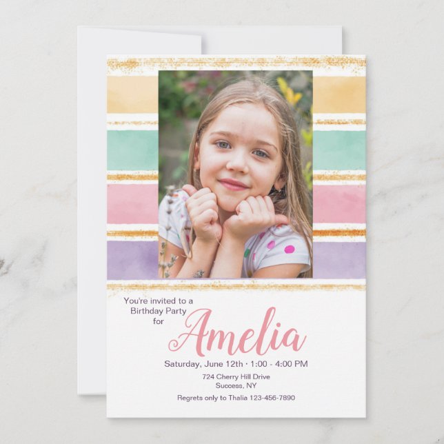 Watercolor Rainbow Photo Birthday Party Invitation (Front)