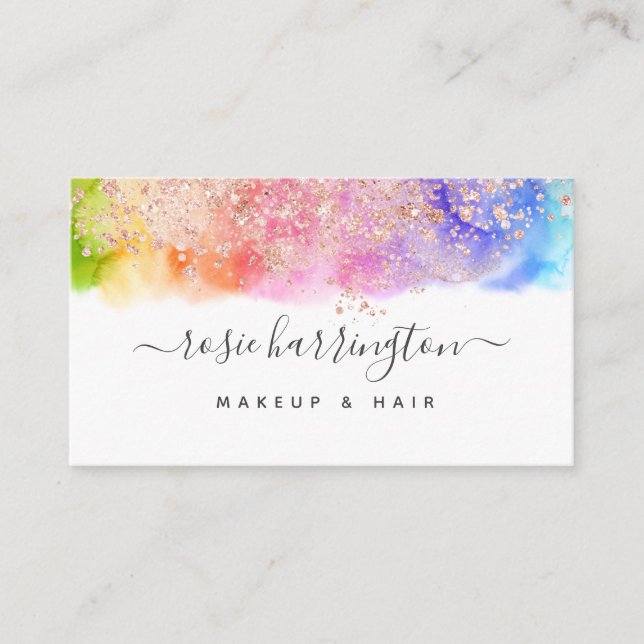 Watercolor Rainbow Rose Gold Glitter Girly Business Card (Front)
