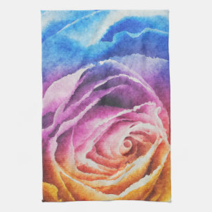Watercolor Rainbow Rose Tea Towel