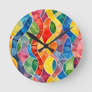 Watercolor Rainbow Stained Glass Round Clock