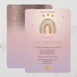 Watercolor Rainbow Stars Hears Glitter  Birthday  Invitation