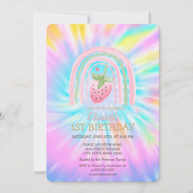 Watercolor Rainbow Strawberry Tie Dye Birthday  Invitation (Front)