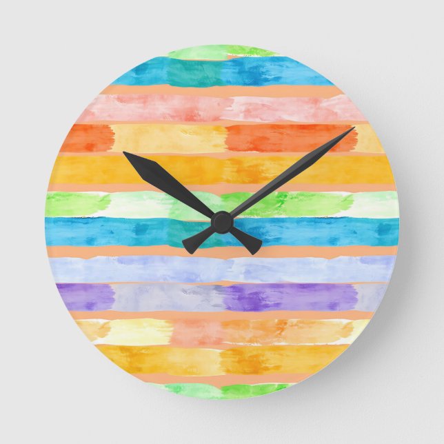 Watercolor Rainbow Stripes Abstract Round Clock (Front)