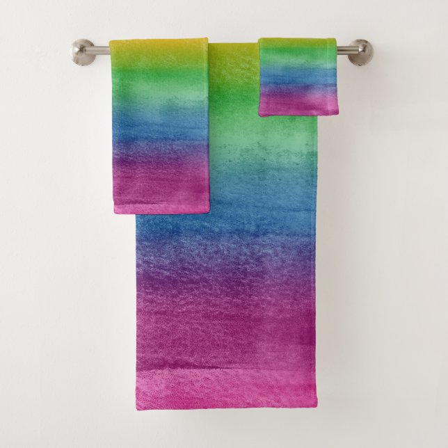 Watercolor Rainbow Stripes Bath Towel Set (Insitu)