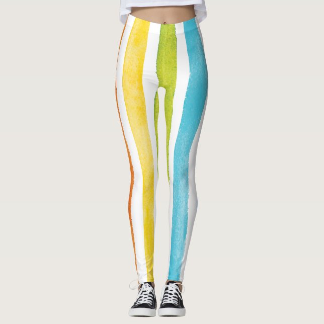 Watercolor Rainbow Stripes Colourful Summer Leggings (Front)