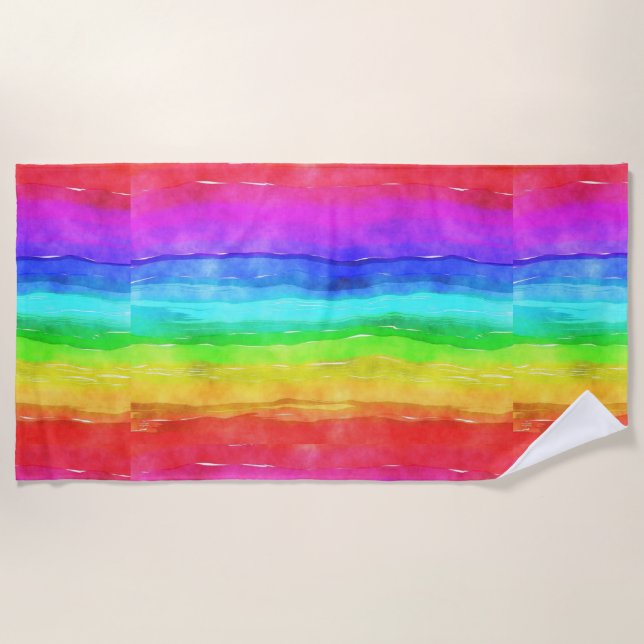 Watercolor Rainbow Stripes Design Beach Towel (Front)