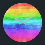 Watercolor Rainbow Stripes Large Clock<br><div class="desc">Bright and colorful multi colored horizontal stripes painted in watercolor,  great background to custom with your own text or images or keep as a cheerful design.</div>