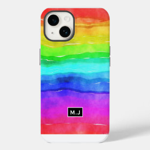 Watercolor Rainbow Stripes Monogram iPhone 14 Case