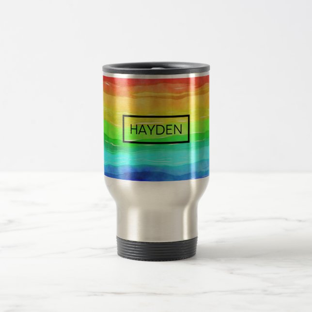 Watercolor Rainbow Stripes Personalised Travel Mug (Center)