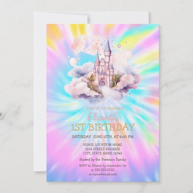 Watercolor Rainbow Tie Dye Castle Birthday   Invitation (Front)