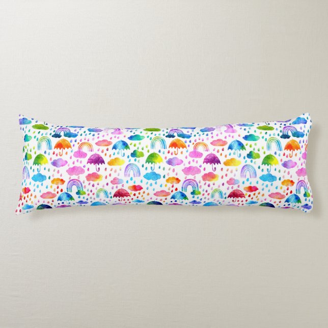 Watercolor Rainbow Umbrellas Rainy Day Girls Body Cushion (Front)