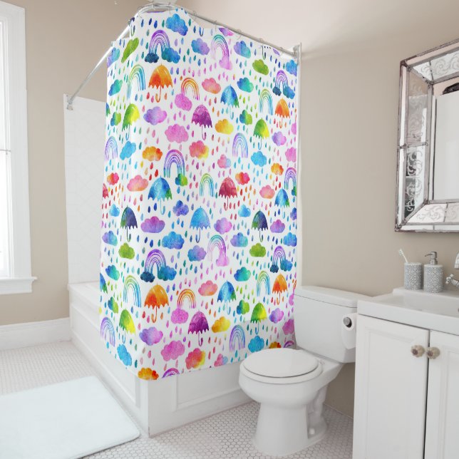 Watercolor Rainbow Umbrellas Rainy Day Girls Shower Curtain (In Situ)