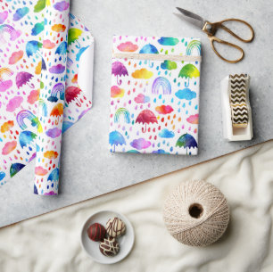 Watercolor Rainbow Umbrellas Rainy Day Girls Wrapping Paper