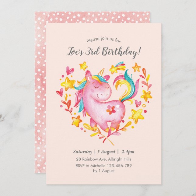 Watercolor Rainbow Unicorn Birthday Invitation (Front/Back)