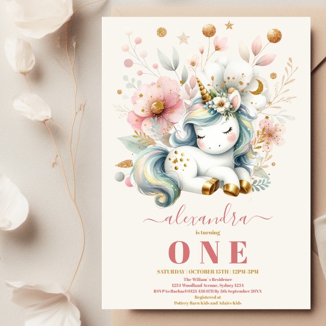 Watercolor Rainbow Unicorn Birthday Invitation 1st (Creator Uploaded)