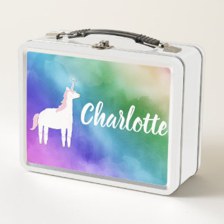 Watercolor Rainbow Unicorn Name Custom Metal Lunch Box