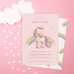 Watercolor Rainbow Unicorn Pink Birthday Party Invitation