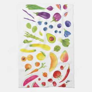 Watercolor Rainbow Veggies at Farmers Market Kitch Tea Towel