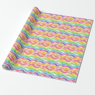 Watercolor Rainbow Wavy Lines on White Wrapping Paper