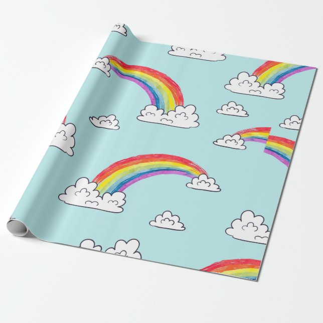 Watercolor rainbows and clouds seamless pattern wrapping paper (Unrolled)