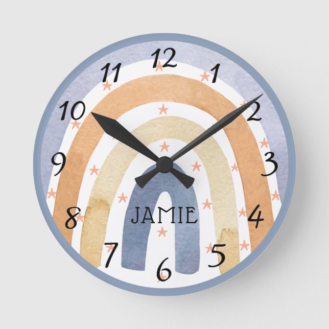 Watercolor Rainbows & Stars Personalised Round Clock (Front)