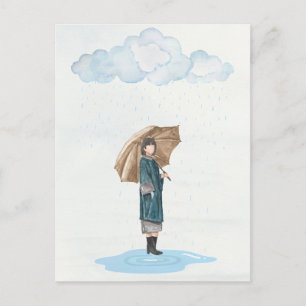 Watercolor rainy girl holiday postcard