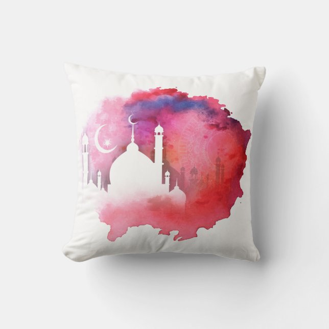 Watercolor Ramadan Mosque Reds and Purples Cushion (Front)