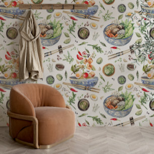 Watercolor Ramen Pattern Kitchen Wallpaper