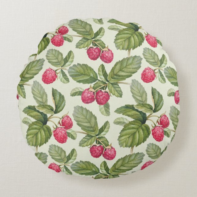 Watercolor Raspberry Seamless Pattern Design Round Cushion (Front)