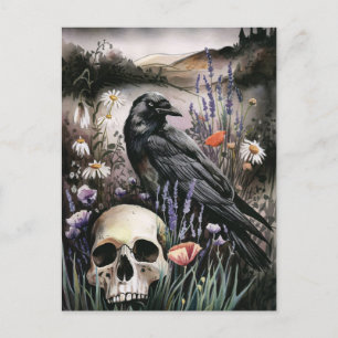 Watercolor Raven and Skull Wildflower Field Postcard