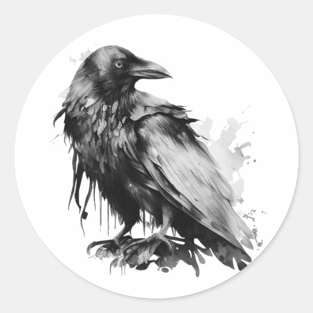Watercolor Raven - B&W Classic Round Sticker (Front)