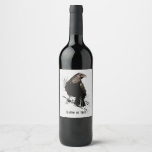 Watercolor Raven Bird Animal Art Personalise Wine Label