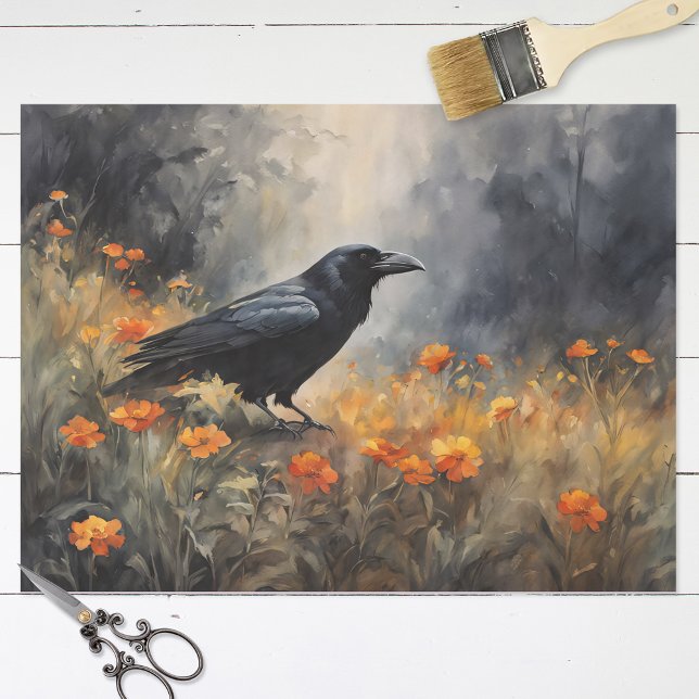 Watercolor Raven in a Wildflower Field Decoupage Tissue Paper (Creator Uploaded)