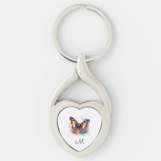 Watercolor Red Admiral Butterfly Monogram Initial Key Ring (Front)