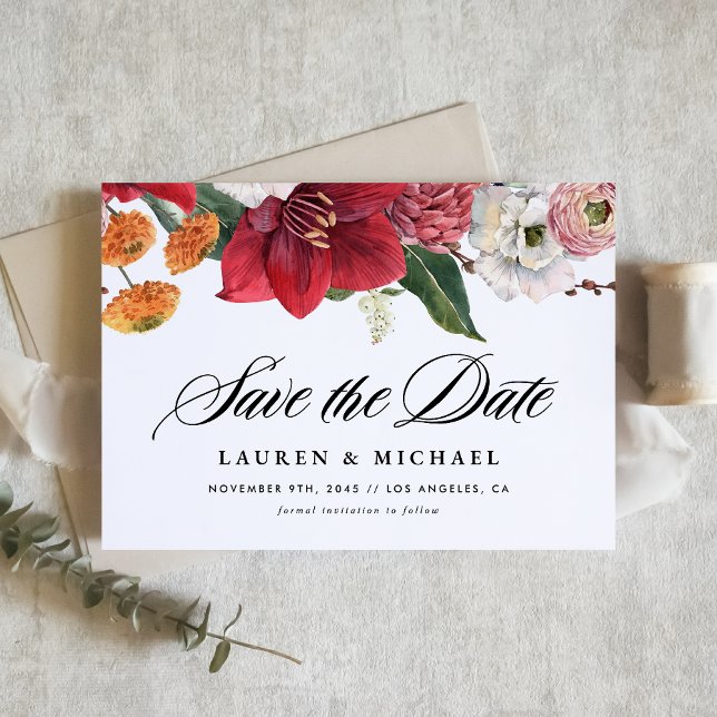 Watercolor Red Amaryllis and Autumn Flowers Save The Date (Announce your special day with this elegant save the date card featuring romantic watercolor florals)