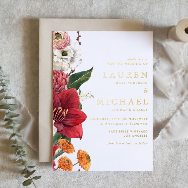 Watercolor Red Amaryllis and Chrysanthemum Wedding (A romantic foil wedding invitation featuring watercolor autumn flowers.)