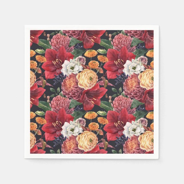 Watercolor Red Amaryllis and Chrysanthemums Floral Napkin (Front)