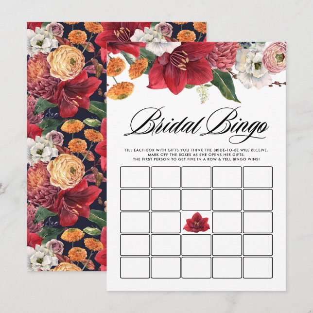 Watercolor Red Amaryllis Bridal Shower Bingo Game Enclosure Card (Front/Back)